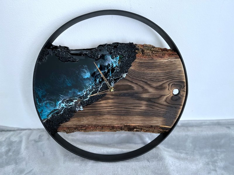 Loft wood Beach wall clock, resin ocean clock with sea shell 壁飾 掛鐘 藍染 女 禮物 入厝禮物 - 時鐘/鬧鐘 - 樹脂 藍色