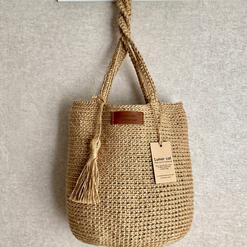 Crochet Jute Bag DAKOTA, Shoulder Bag, Reusable Grocery Jute Bag - กระเป๋าถือ - วัสดุอีโค สีนำ้ตาล