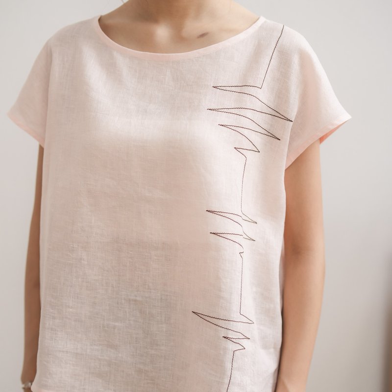 Natural Linen Short Sleeve Blouse - Light Pink with Brown Hand Stitching - Women's Tops - Linen Pink