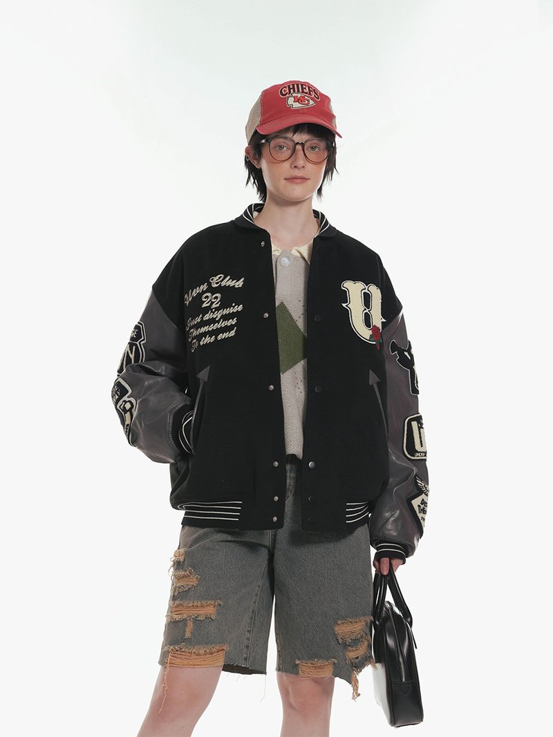 Unvesno (UN) 運動復古PU拼接刺繡棒球夾克棉服外套  CT-2169 - 男夾克/外套 - 棉．麻 黑色