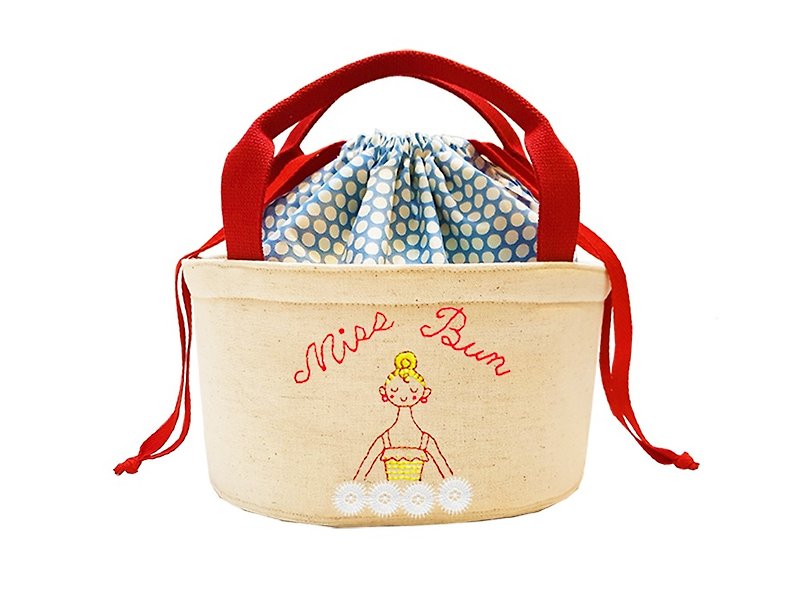 Miss Baotou (Red Strap) - Hand-painted hand-embroidered insulated lunch bag - กระเป๋าถือ - ผ้าฝ้าย/ผ้าลินิน หลากหลายสี