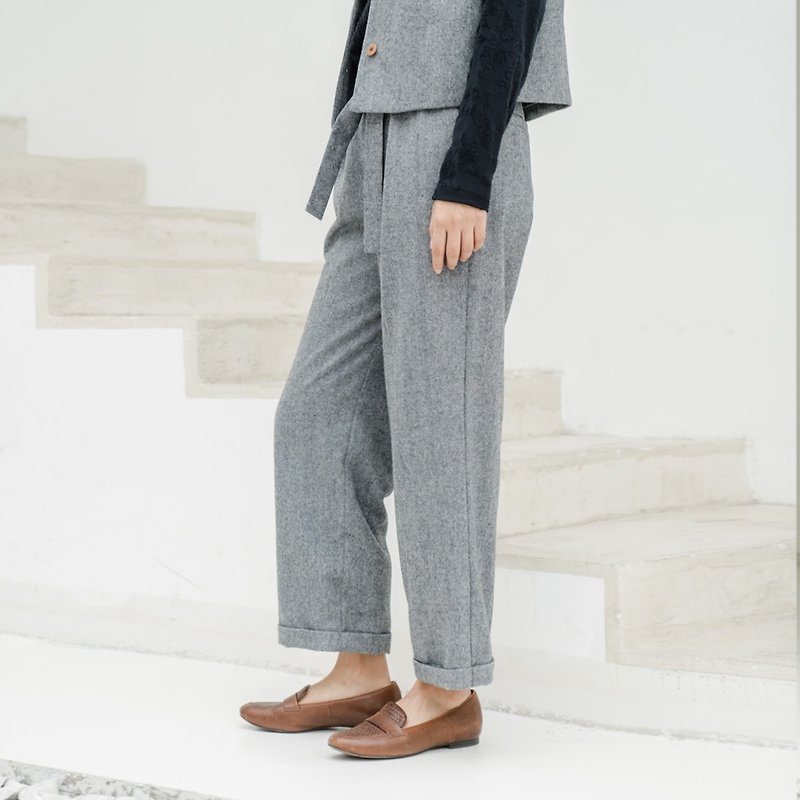 BUFU woolen pants with belt P180406 - Women's Pants - Wool Gray