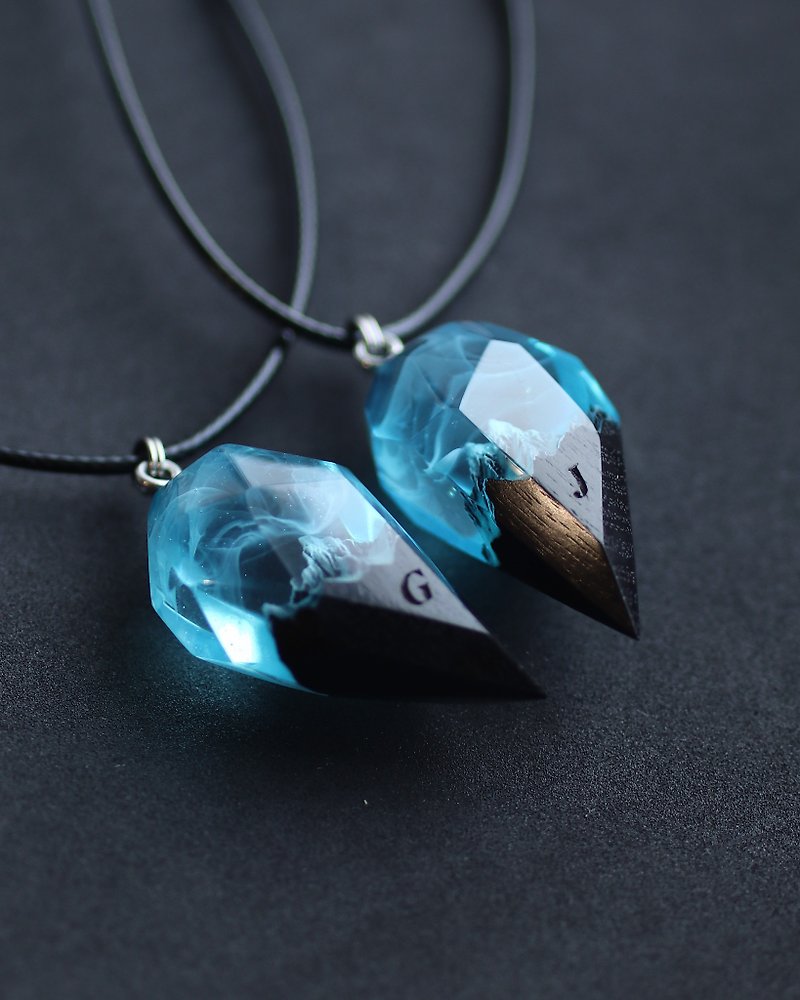 Wood Necklaces Blue - Matching necklaces Couple necklace Wood resin pendant Glow in the dark