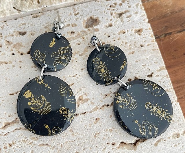 Almost weightless & so comfortable! Unique Handmade Polymer Clay Statement Earrings/ Black Printed Stacked Dangles