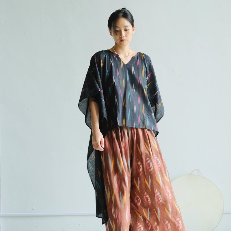 OMAKE 前短後長寬版洋裝上衣 / Ikat 花火大會 - 洋裝/連身裙 - 棉．麻 黑色