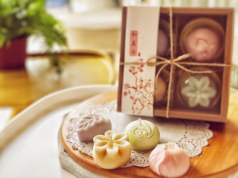 日式和菓子香氛蠟燭禮盒四入 - 香薰/精油/線香 - 蠟 粉紅色