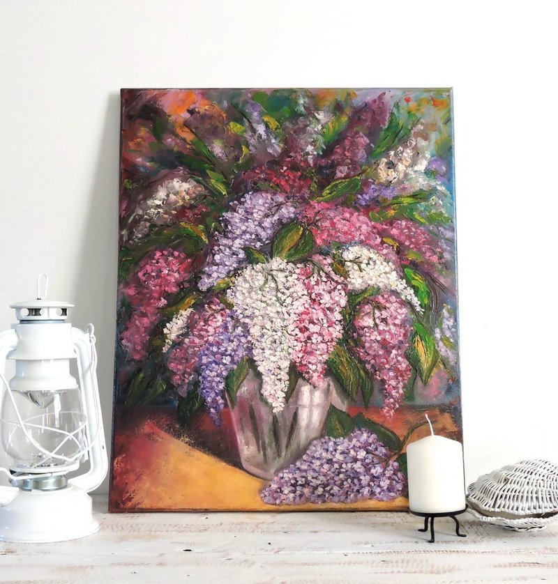 Oil painting Lilac in a Vase original art on canvas home wall decoration - ตกแต่งผนัง - วัสดุอื่นๆ หลากหลายสี