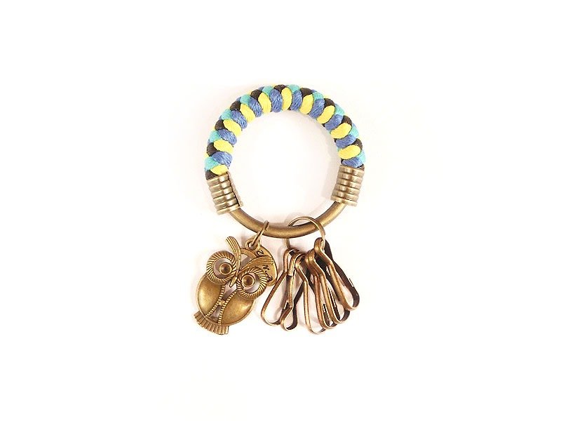 [UNA-Yona Handmade] Key ring (small) 5.3CM bright yellow + blue purple + lake green + black + wisdom owl hand-woven wax rope hoop customized - ที่ห้อยกุญแจ - โลหะ สีน้ำเงิน