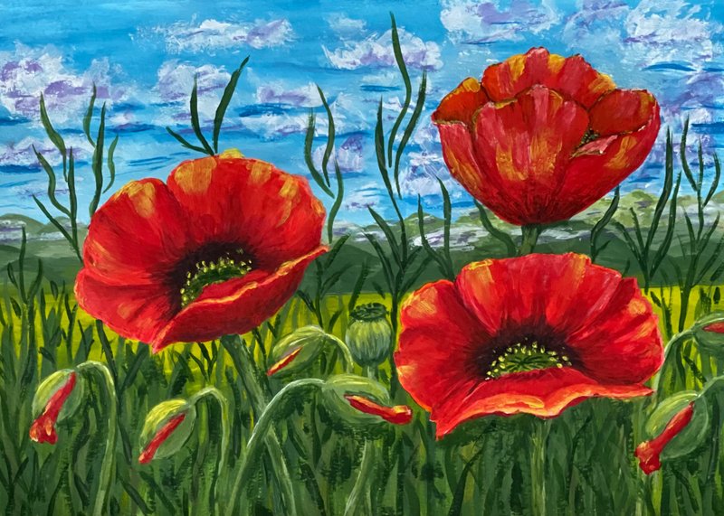 Scarlet poppies in the Tuscany valley. Painting Gouache. - 壁貼/牆壁裝飾 - 紙 