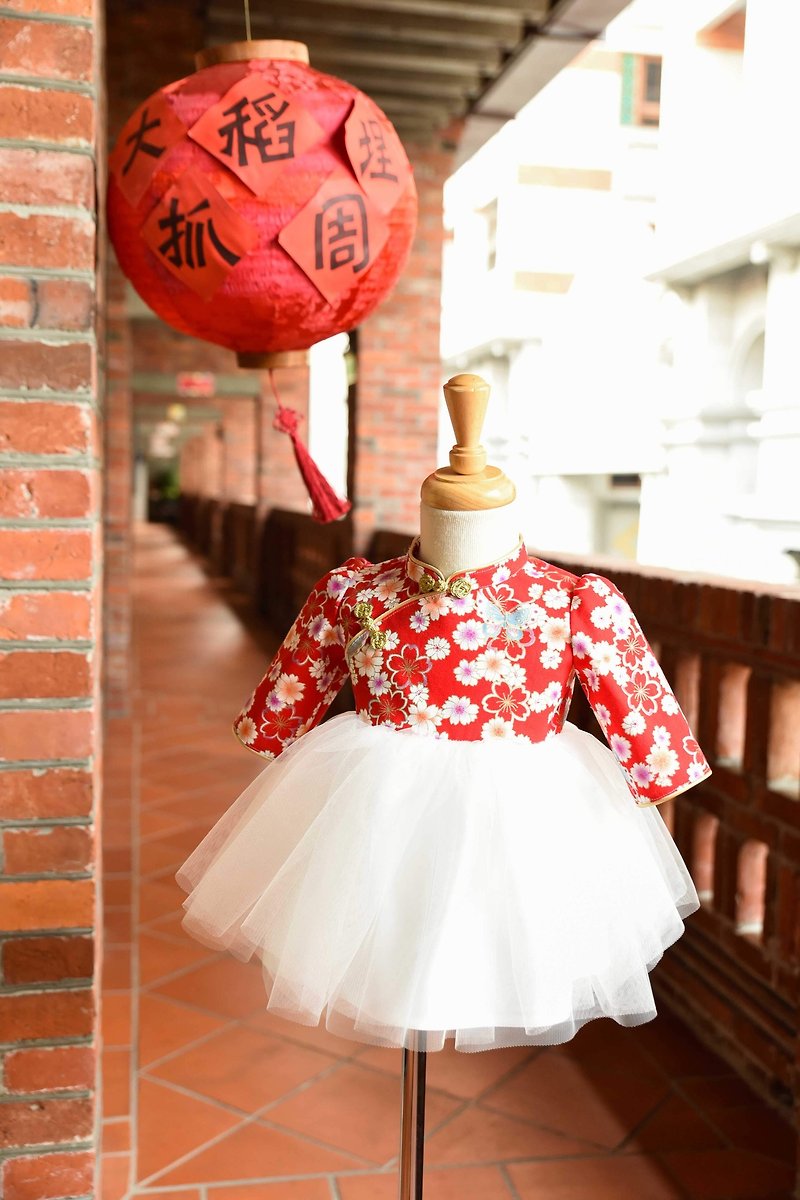 Angel Nina Customized Chinese Style Cheongsam Dress Butterfly Cherry Blossom Flower Girl Birthday Concert Party - อื่นๆ - ผ้าฝ้าย/ผ้าลินิน สีน้ำเงิน
