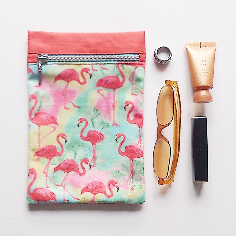 【In Stock】Long Zippered Pouch (Flamingo x Orange) - กระเป๋าเครื่องสำอาง - ผ้าฝ้าย/ผ้าลินิน สีส้ม