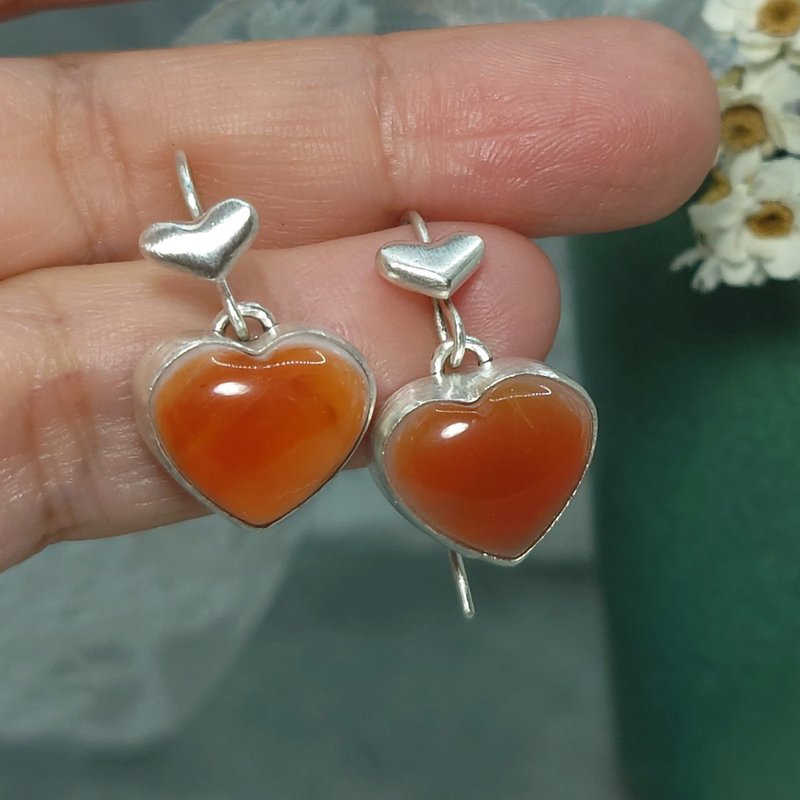 耳環 紅瑪瑙 白瑪瑙 愛心 925銀飾 寶石 手工 飾品 首飾 - 耳環/耳夾/耳骨夾 - 寶石 紅色