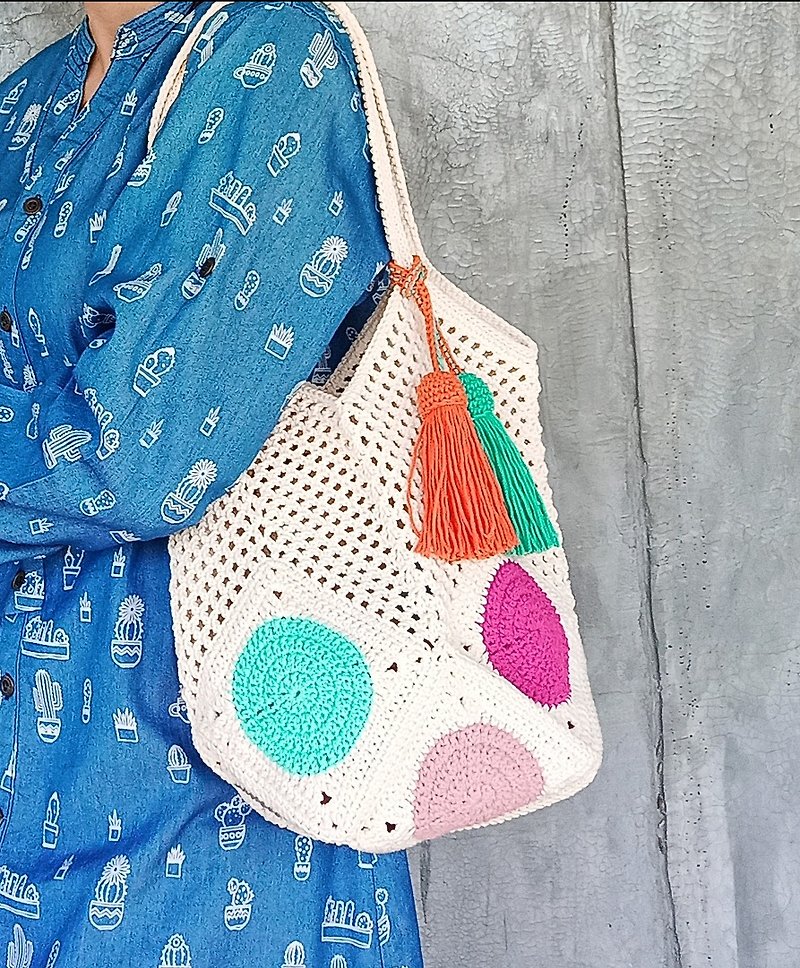 Granny square knitted rope bag. - Messenger Bags & Sling Bags - Cotton & Hemp 