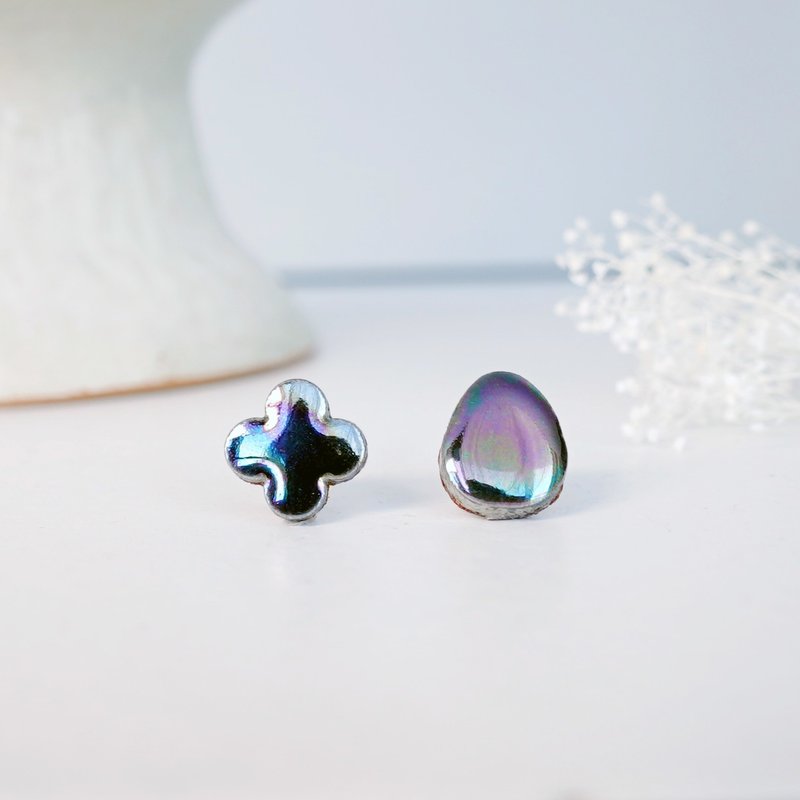 美濃燒磁磚耳環 黑珍珠色 真皮背面 日本手工製作 - 耳環/耳夾/耳骨夾 - 瓷 黑色