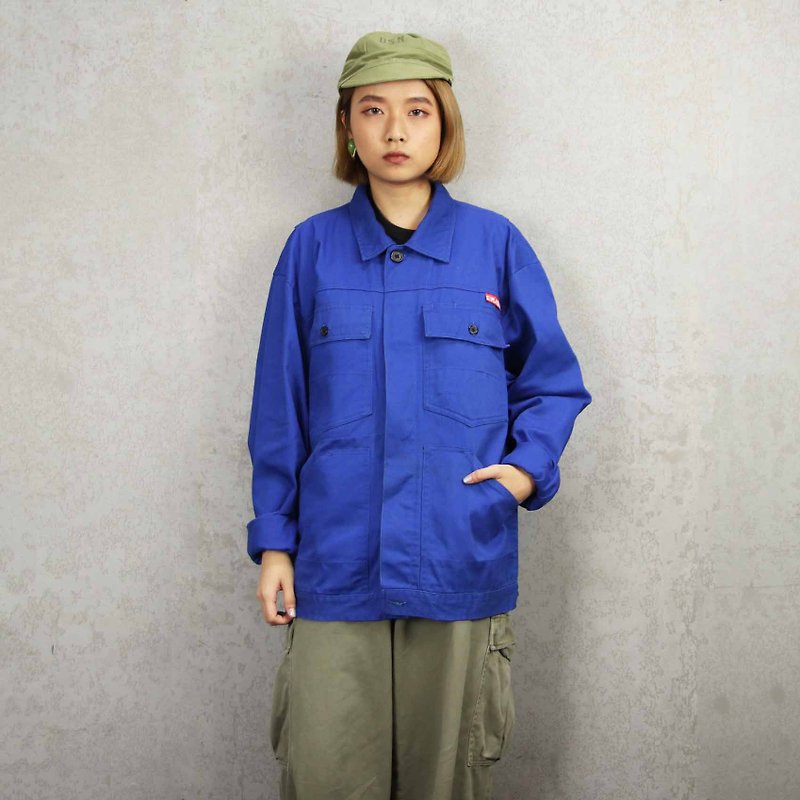 Tsubasa.Y Antique House 006 Blue Work Shirt, Workwear Shirt Top Jacket - เสื้อเชิ้ตผู้ชาย - ผ้าฝ้าย/ผ้าลินิน สีน้ำเงิน