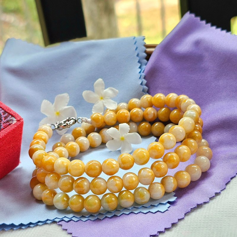 Old Well Jade Necklace, Honey Yellow, White Jadeite, Natural Type A, 8 mm. - 項鍊 - 貴金屬 黃色