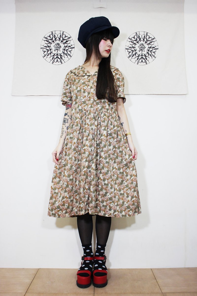 F2049 (Vintage) white with brown flowers cotton short-sleeved vintage dress - One Piece Dresses - Other Materials Brown