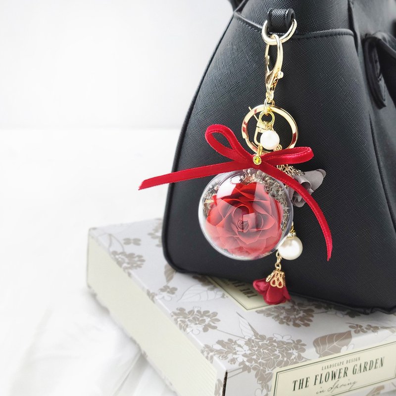 Immortal rose ball key ring charm - pearl cloth flower gold chain red birthday gift - Keychains - Plants & Flowers Red