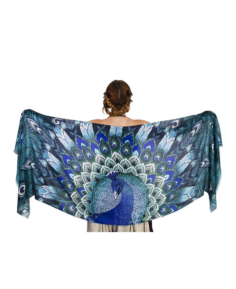 Aqua Peacock Scarf - Silk Cashmere - ผ้าพันคอ - ผ้าฝ้าย/ผ้าลินิน 