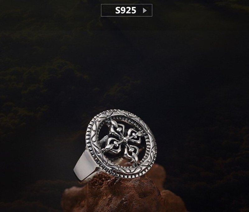 Real 990 Silver Fine Jewelry Retro Leaf Totem Pattern Hollow Finger Ring Ethnic - 戒指 - 純銀 銀色