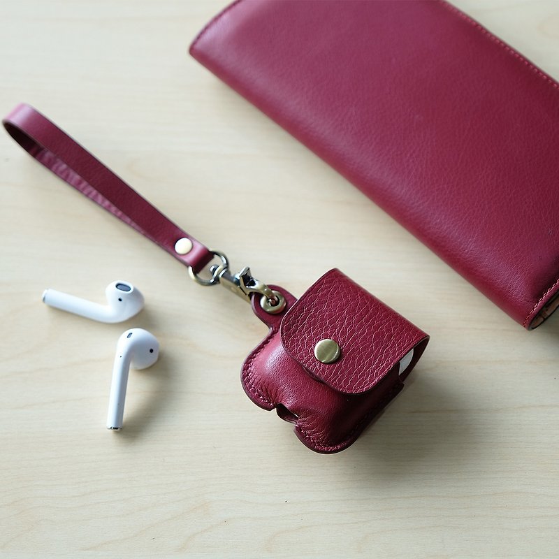 Customized Gift  Christmas Gift Wrapping AirPods 1/2 Leather Case -Raspberry Red - Headphones & Earbuds - Genuine Leather Red