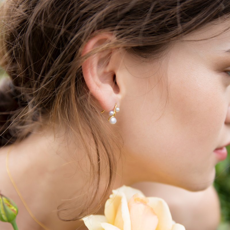 [Brand Design] Thread Fern Sterling Silver Gold Plated Natural Pearl Earrings - Earrings & Clip-ons - Sterling Silver Gold