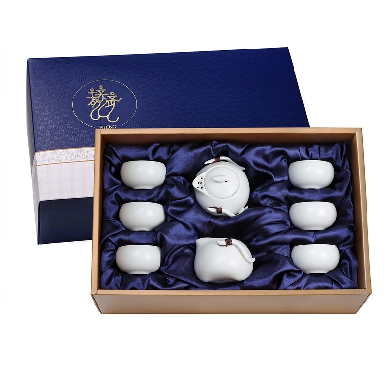 定窯巧雲8入禮盒(壺+海+6杯) - 茶壺/茶杯/茶具 - 陶 白色