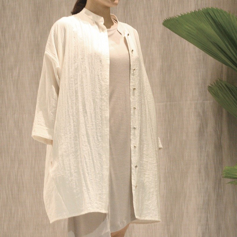 立領Oversize襯衫 - 女襯衫 - 棉．麻 白色