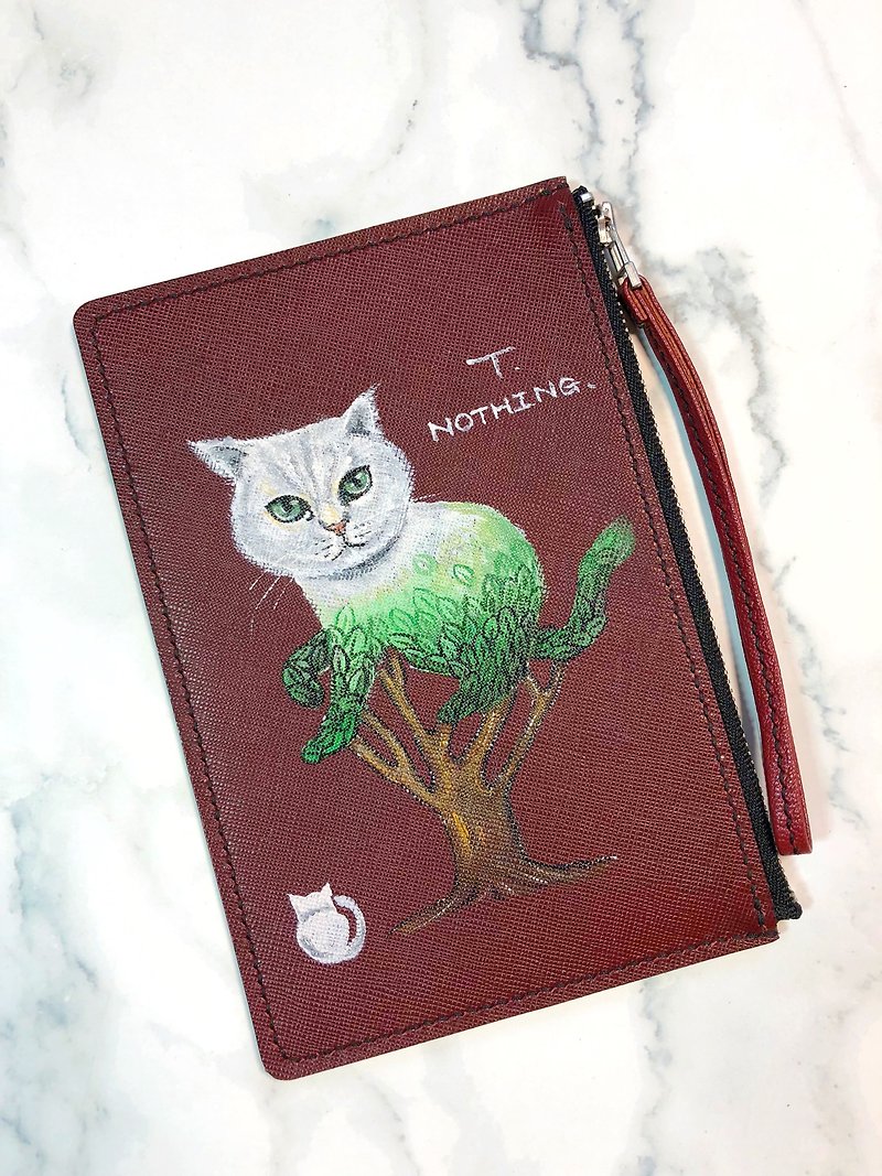 Hand-painted pattern tree cat leather coin purse | mobile phone bag | small wallet | clutch bag - กระเป๋าคลัทช์ - หนังแท้ สีแดง