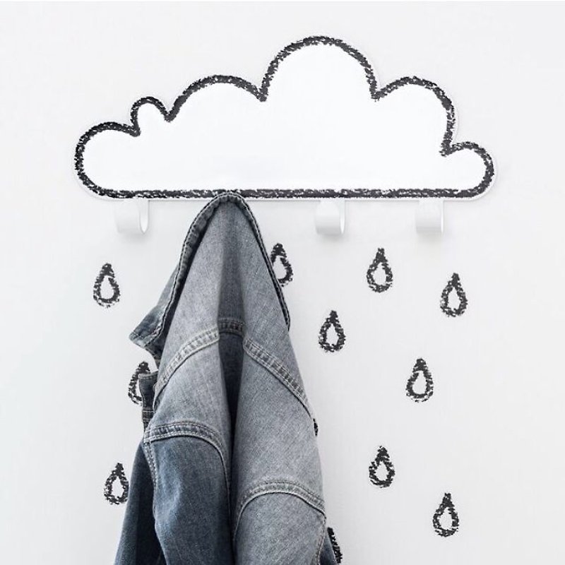 Spanish Tresxics Large Clouds Small Raindrops Hook + Wall Sticker (Black and White) - กล่องเก็บของ - โลหะ ขาว