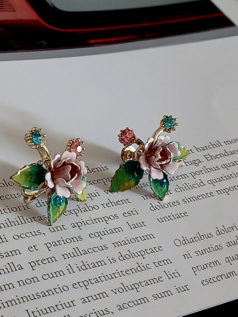 vintage jewelry  花卉琺瑯萊茵夾式耳環 - 耳環/耳夾/耳骨夾 - 其他金屬 