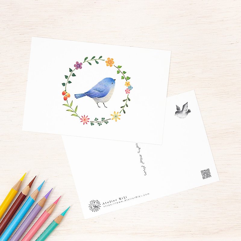 Set of 5 pieces. Like a picture book. Postcard "Light Blue Bird and Flower Ring" PC-46 - การ์ด/โปสการ์ด - กระดาษ สีน้ำเงิน