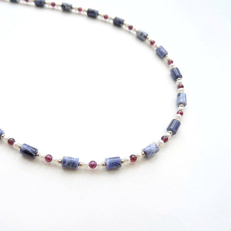 Sodalite, Garnet, Freshwater Pearl Vintage 14K GF Handmade Long Necklace - สร้อยคอยาว - เครื่องประดับพลอย สีน้ำเงิน