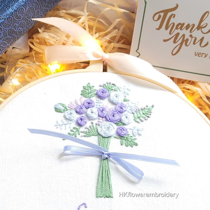 (DIY KIT) Purple Floral Embroidery Hoop Handmade Gift Thank You Anniversary - เย็บปัก/ถักทอ/ใยขนแกะ - งานปัก ขาว