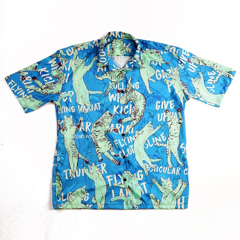 Blue Dancing Cat Italain Silk Hawaii Shirt - 男襯衫/休閒襯衫 - 其他材質 白色