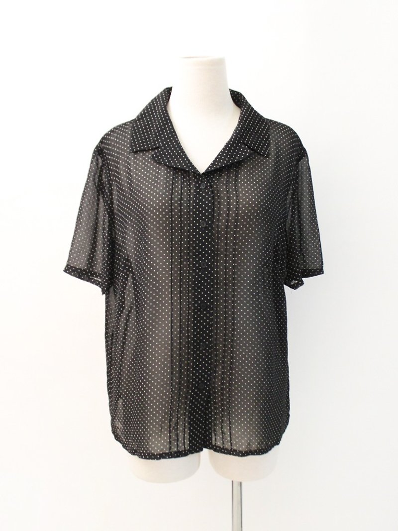 復古夏日短袖黑色圓點點寬鬆古著襯衫 Vintage Blouse - 恤衫 - 顏料 黑色