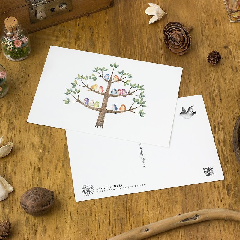 4 pieces set. Like a picture book. Postcard "tree with colorful birds" PC-208 - การ์ด/โปสการ์ด - กระดาษ สีเขียว