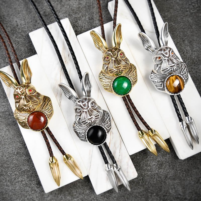 十二生肖 瑞兔呈祥 兔子 保羅領帶 Bolo Tie 真皮皮革領繩 長項鍊 - 領帶/領帶夾 - 真皮 銀色