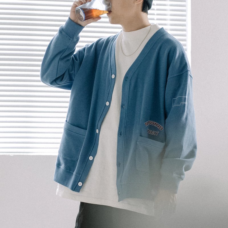 華夫格面料衛衣開衫 刺繡薄款寬松v領長袖純色秋冬季 - 男夾克/外套 - 棉．麻 藍色