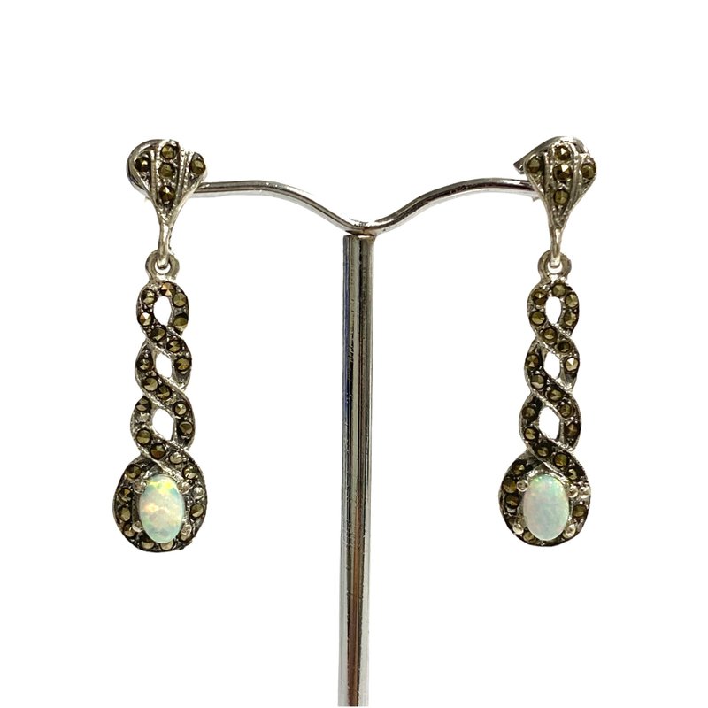 Art Deco Style Gilson Opal Spiral Set Pendant and Earrings 925 Sterling Silver - 耳環/耳夾/耳骨夾 - 純銀 銀色