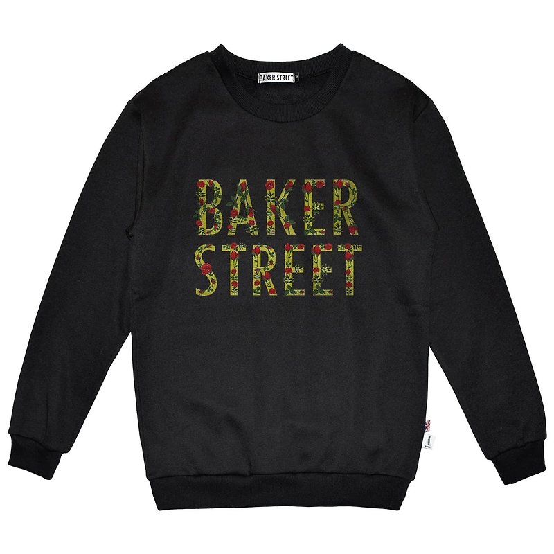British Fashion Brand -Baker Street- Floral Letters Printed Sweatshirt - Unisex Hoodies & T-Shirts - Cotton & Hemp Black