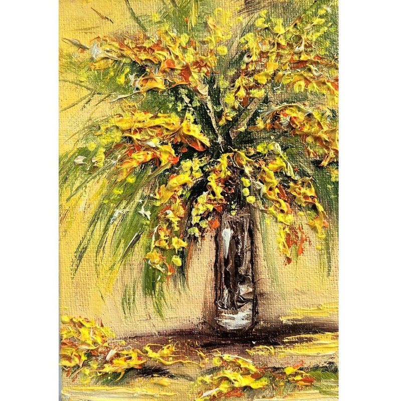 Mimosa Painting Floral Original Art Miniature 用鮮花作畫, 手繪油畫, 微型 - 壁貼/牆壁裝飾 - 棉．麻 多色