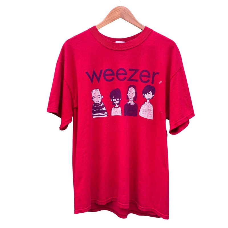 Vintage Y2K  Weezer Band Cartoon T Shirt - 男 T 恤 - 棉．麻 紅色