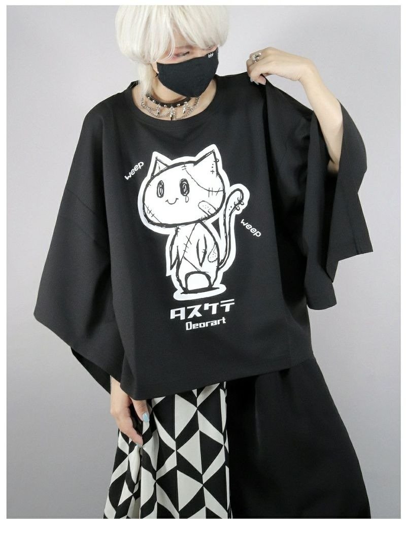 Kimono sleeve print T-shirt japan gothic rock DRT2786 - เสื้อยืดผู้หญิง - เส้นใยสังเคราะห์ 