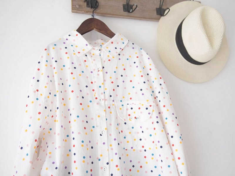 [Mori Zhihai] Vitality colorful polka dot shirt - Women's Shirts - Cotton & Hemp White