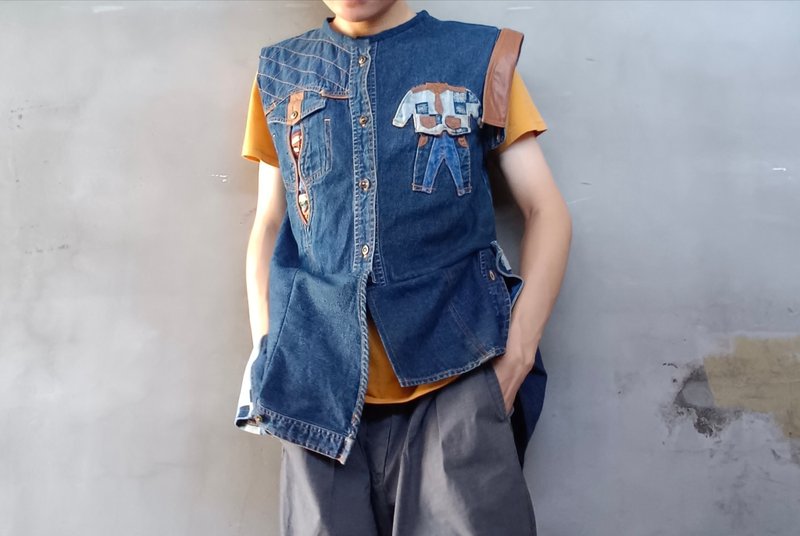 Rebirth collection 解構不規則牛仔背心 - 男背心 - 棉．麻 藍色