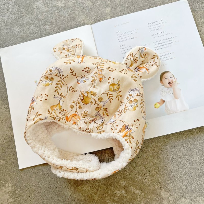 Milk tea apricot French fox flower handmade baby warm lamb fleece flying cap ear cap baby cap - Baby Hats & Headbands - Cotton & Hemp 