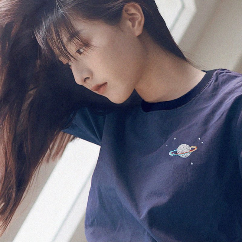 Saturn-Embroidery// Cotton Linen Top Women Shirt - Dark Blue - 女上衣/長袖上衣 - 棉．麻 藍色