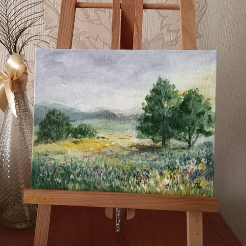 オリジナル絵画 キャンバス 田園風景 花 草原 森 - ショップ Art