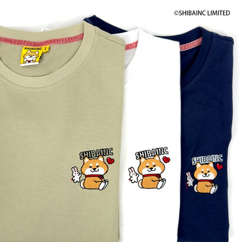 SHIBE with BAO the rabbit Embroidery Tee - เสื้อฮู้ด - ผ้าฝ้าย/ผ้าลินิน ขาว